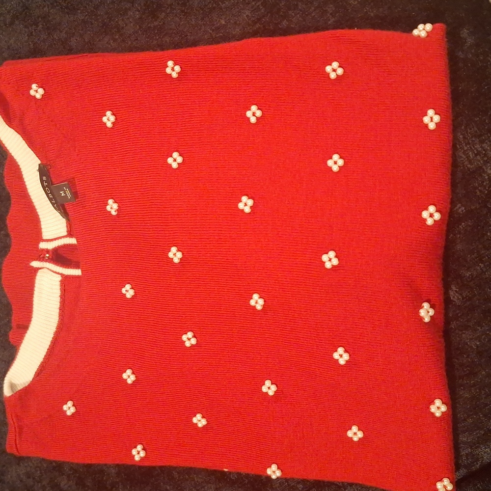Talbots Red Sweater with White Pearl Accents